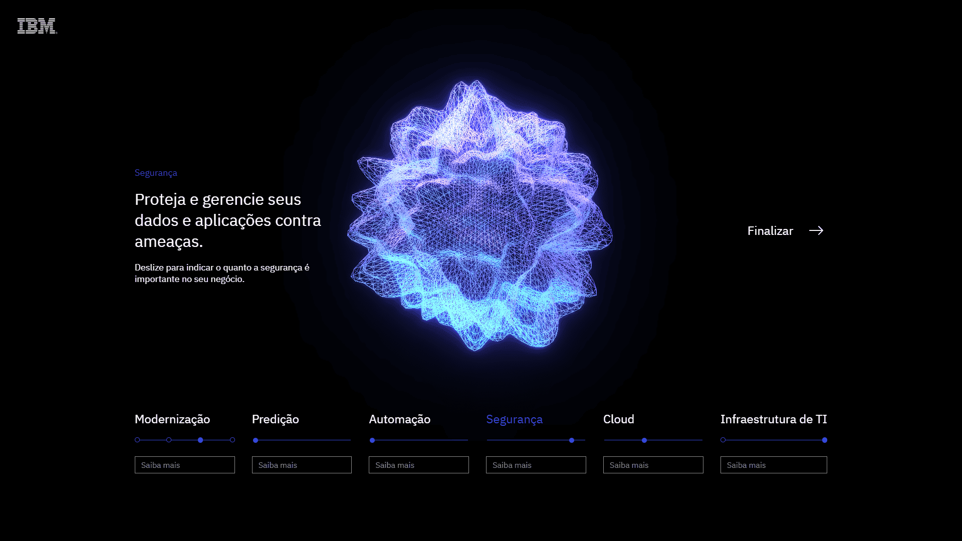 Aplicação web IBM Partner Planet mostrando uma esfera brilhante girando no centro, texto descritivo à esquerda e seis controles deslizantes na parte inferior que controlam a deformação, a velocidade de rotação e a aparência da esfera