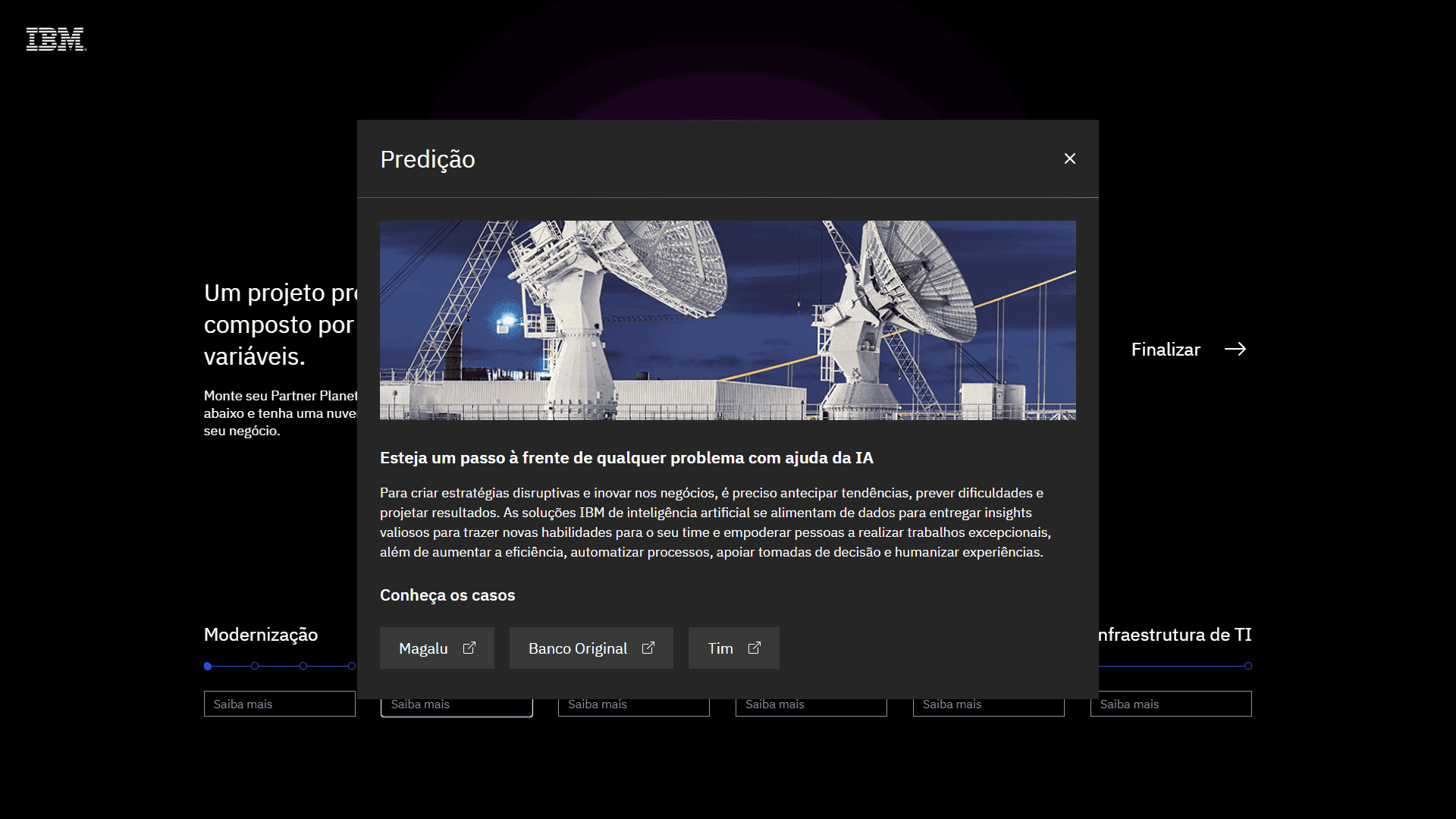 Popover exibindo soluções da IBM com IA, apresentando uma imagem de duas grandes antenas e três botões para visualizar estudos de caso
