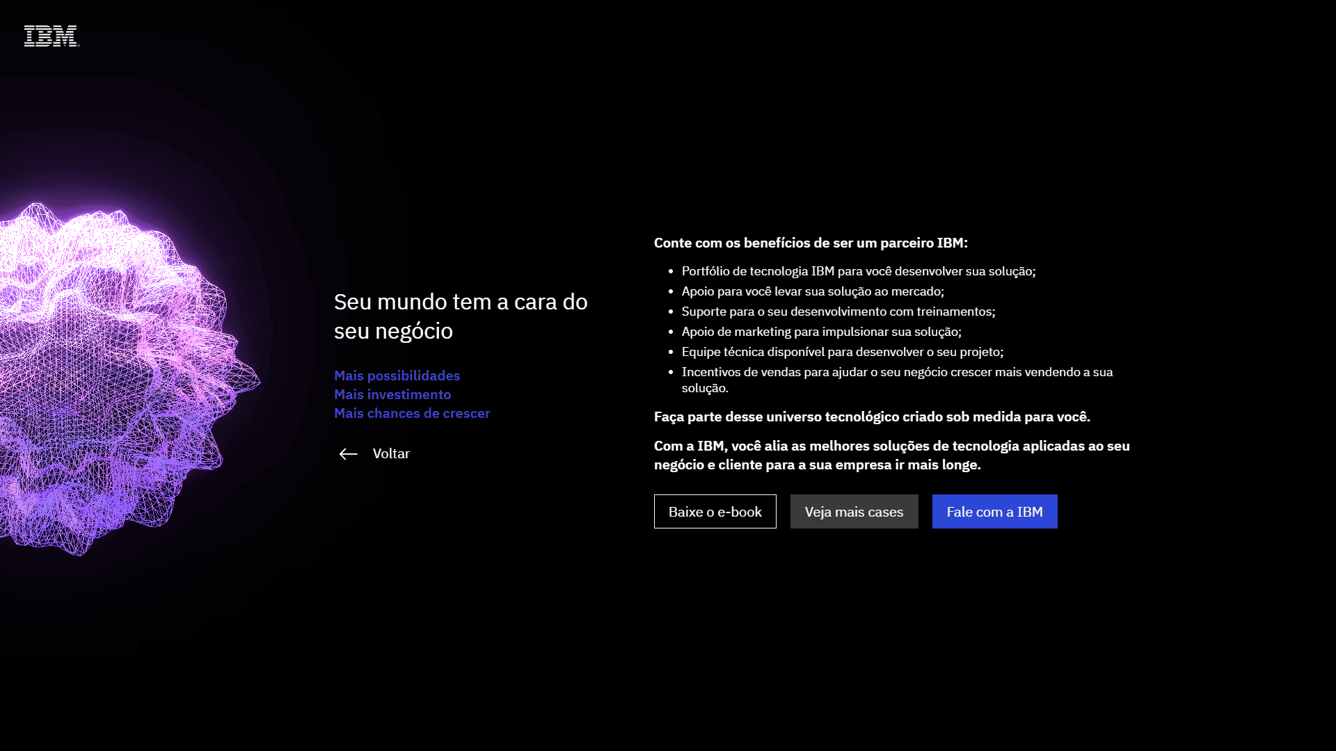 Esfera brilhante criada pelo usuário à esquerda, texto descrevendo os benefícios de ser um parceiro IBM e três botões para eBook, visualizar mais estudos de caso e entrar em contato com a IBM