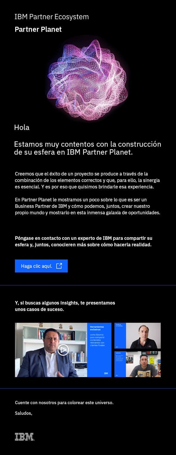 E-mail exibindo a esfera brilhante criada pelo usuário, uma mensagem de agradecimento pela criação da esfera, um botão para conversar com a IBM sobre o projeto e um vídeo com insights adicionais