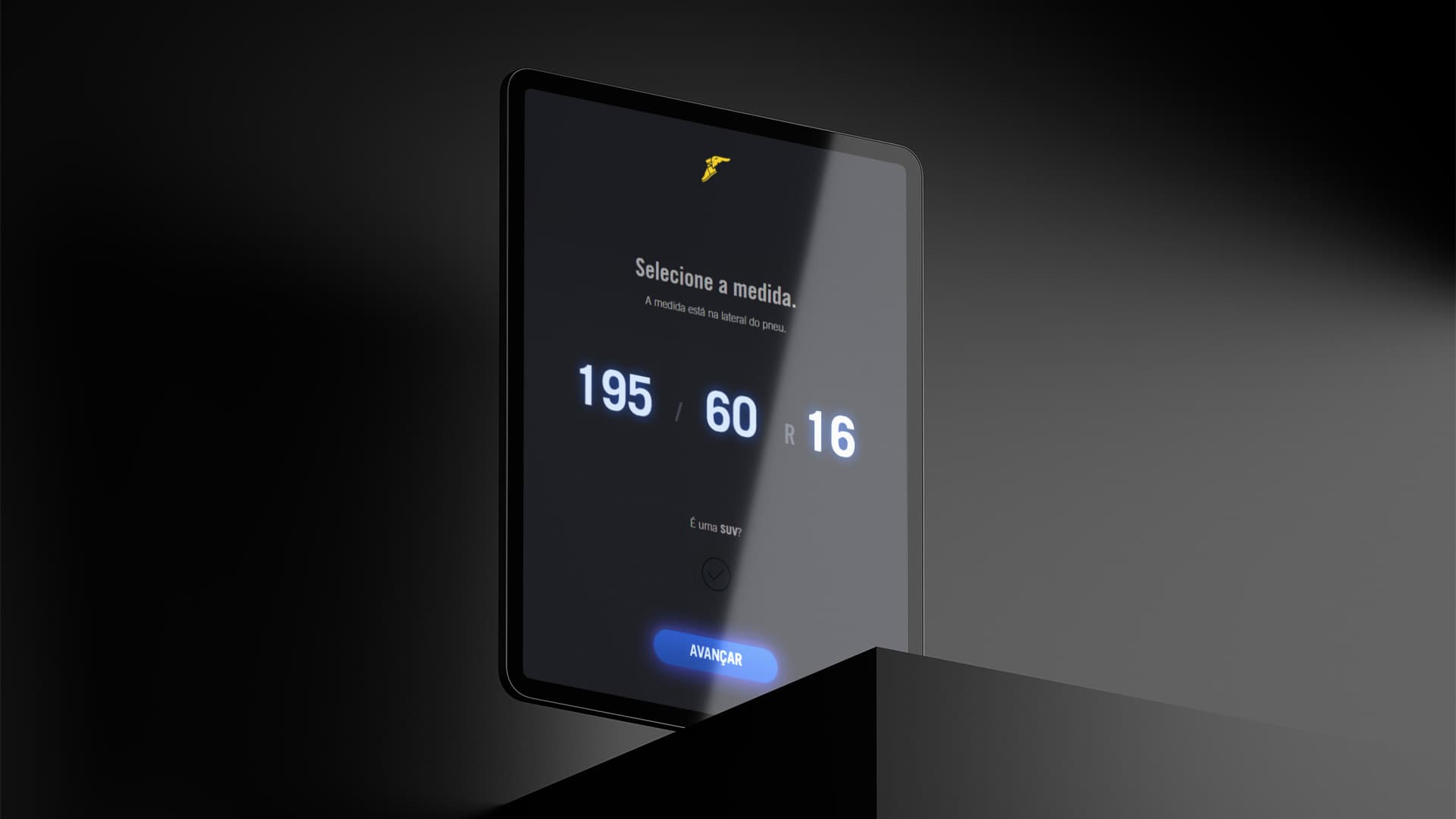 Tablet mostrando a interface de seleção de pneus do aplicativo da Goodyear com três dimensões para escolher