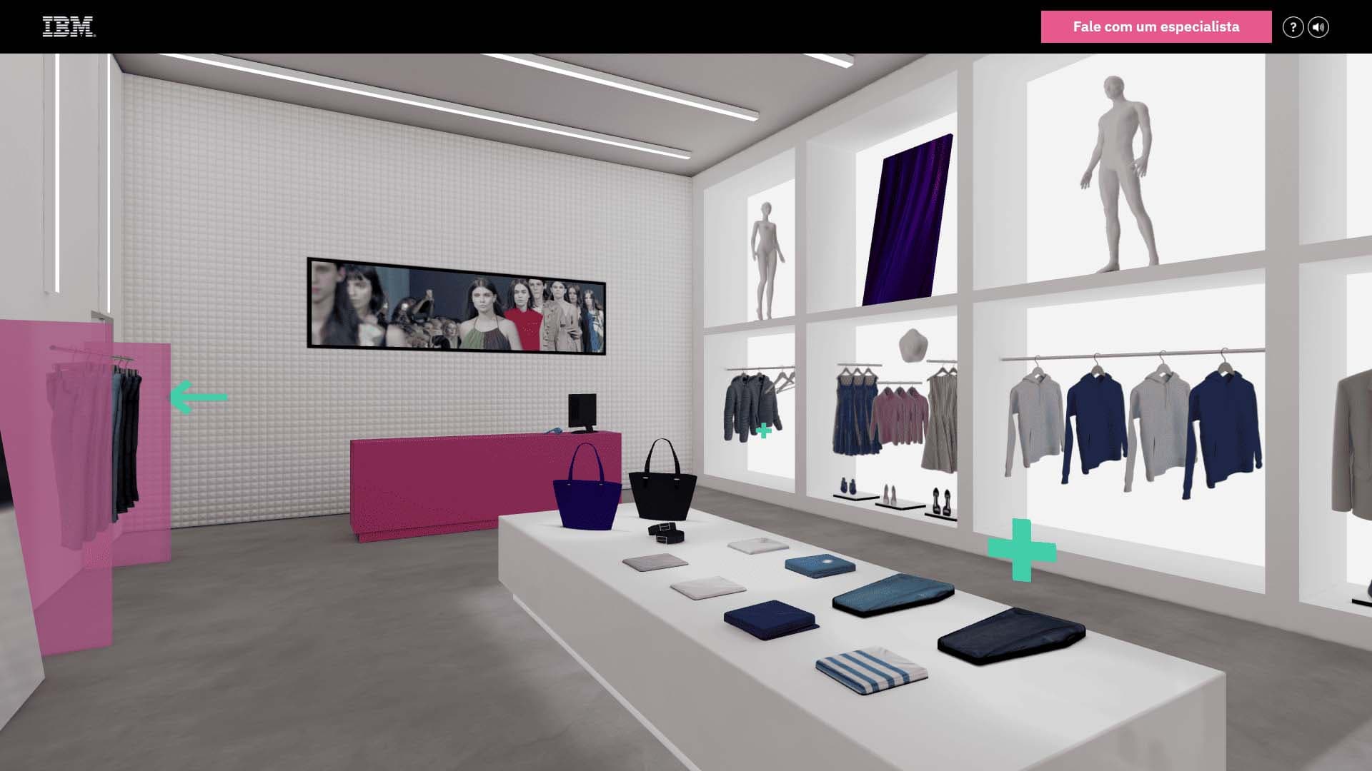 Visão do IBM Live Store mostrando roupas em exibição, uma TV exibindo um desfile de moda e ícones interativos de “+” que os usuários podem clicar para mais informações