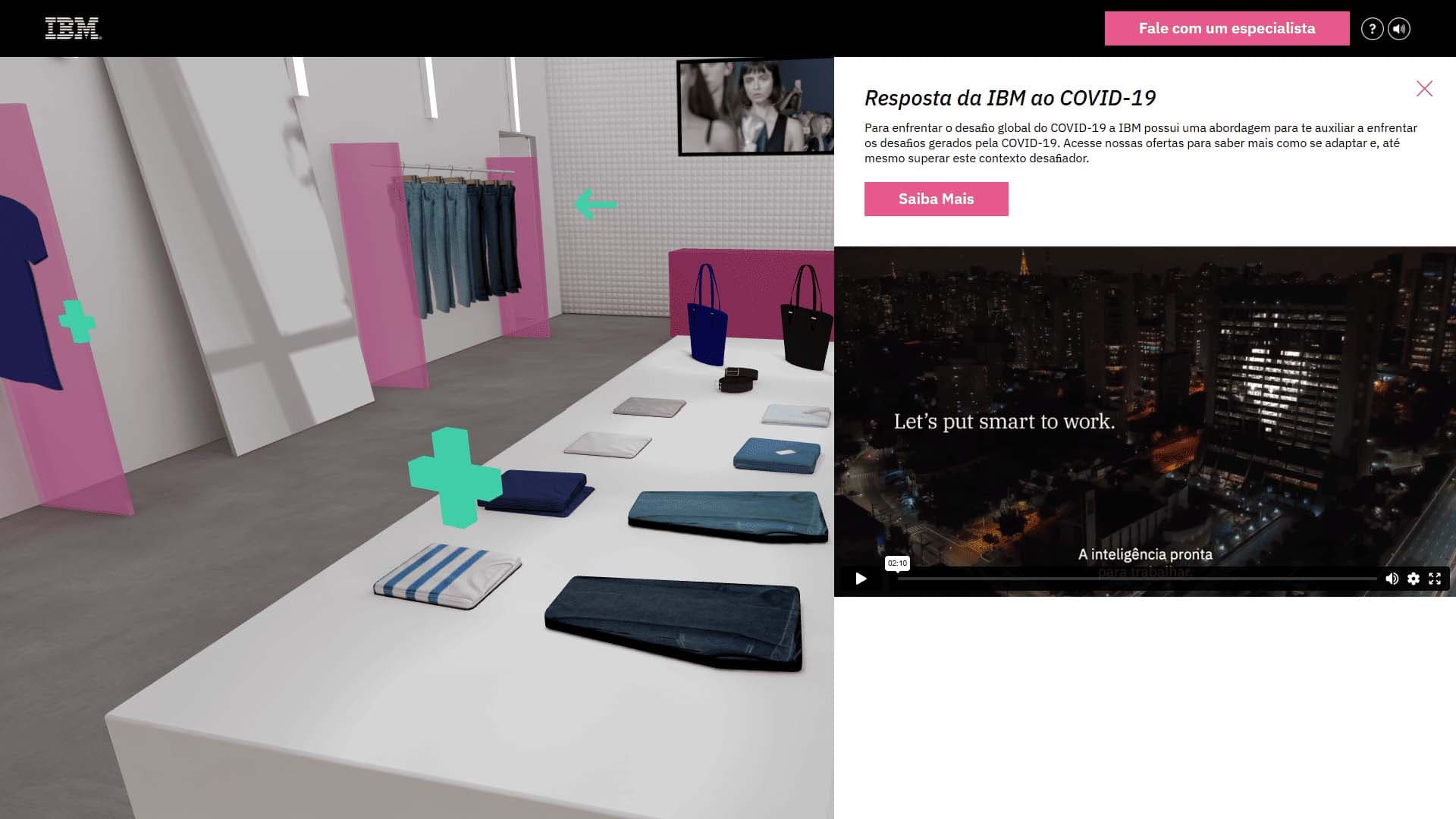 Interface do IBM Live Store com um popover à direita exibindo informações sobre soluções da IBM para o cenário da COVID-19, incluindo um vídeo e um botão para saber mais